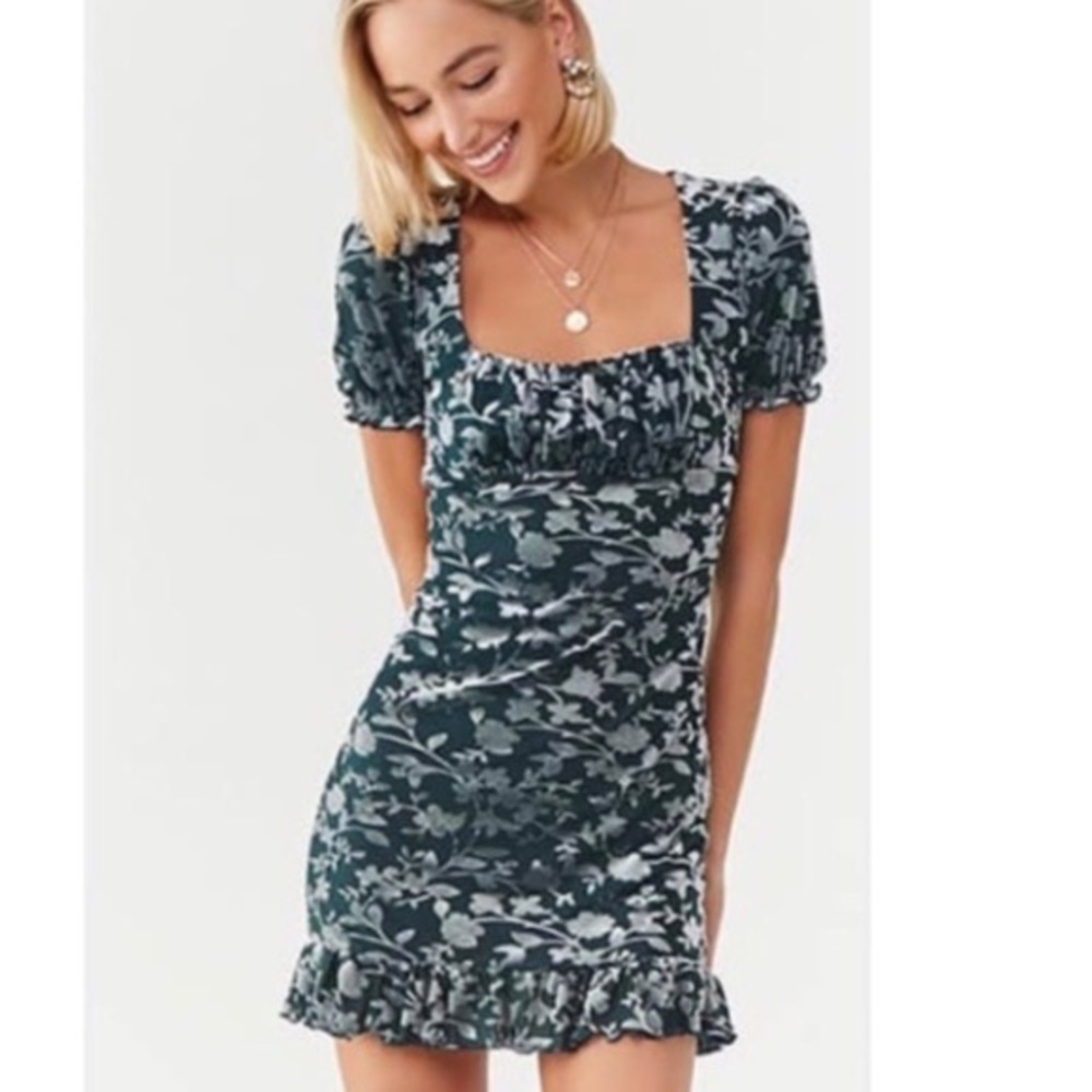 Turquoise Velvet Mini Dress Floral